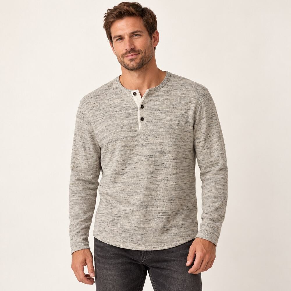 PX Light Gray Henley Shirt Textured Marled Knit Long Sleeve Three Button Size XL